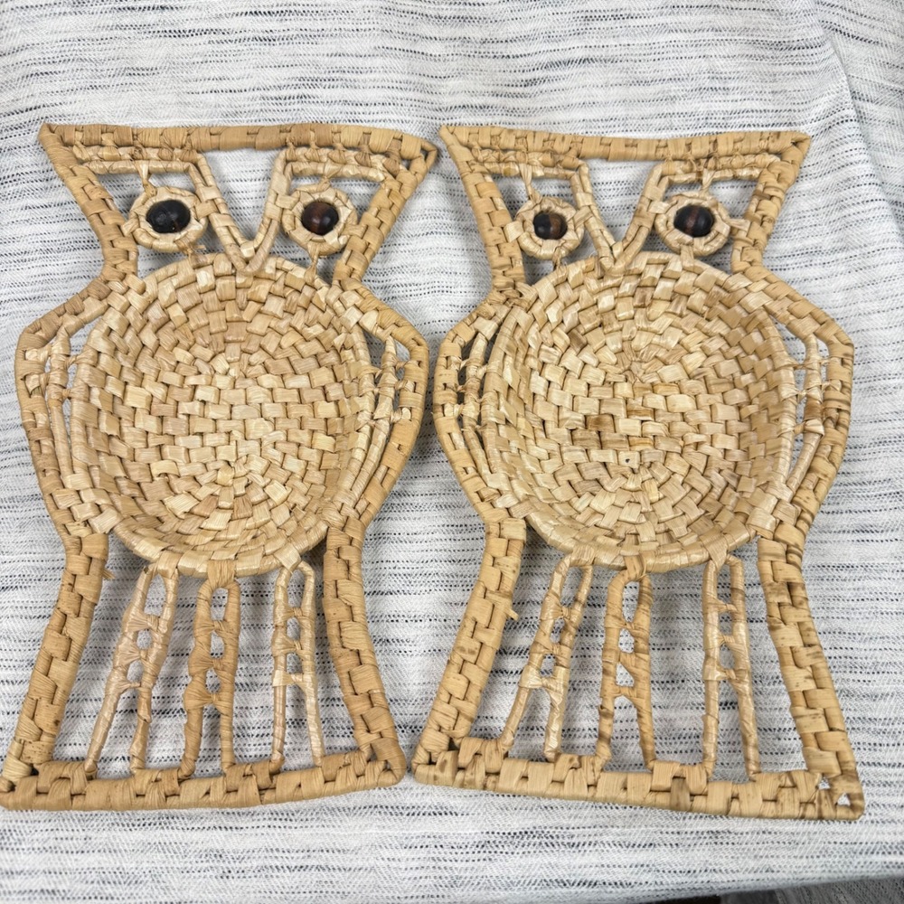 Two Vintage Wicker Owl Trivets Wall Hanging Decor Boho Cottage‎ Natural Earthy